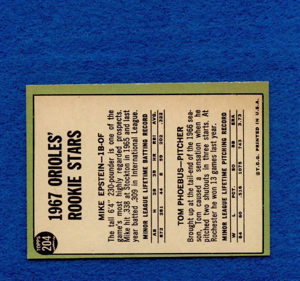 1967 Topps Set Break Pack Fresh #204 Orioles Rookie Epstein/Phoebus EX MT #281