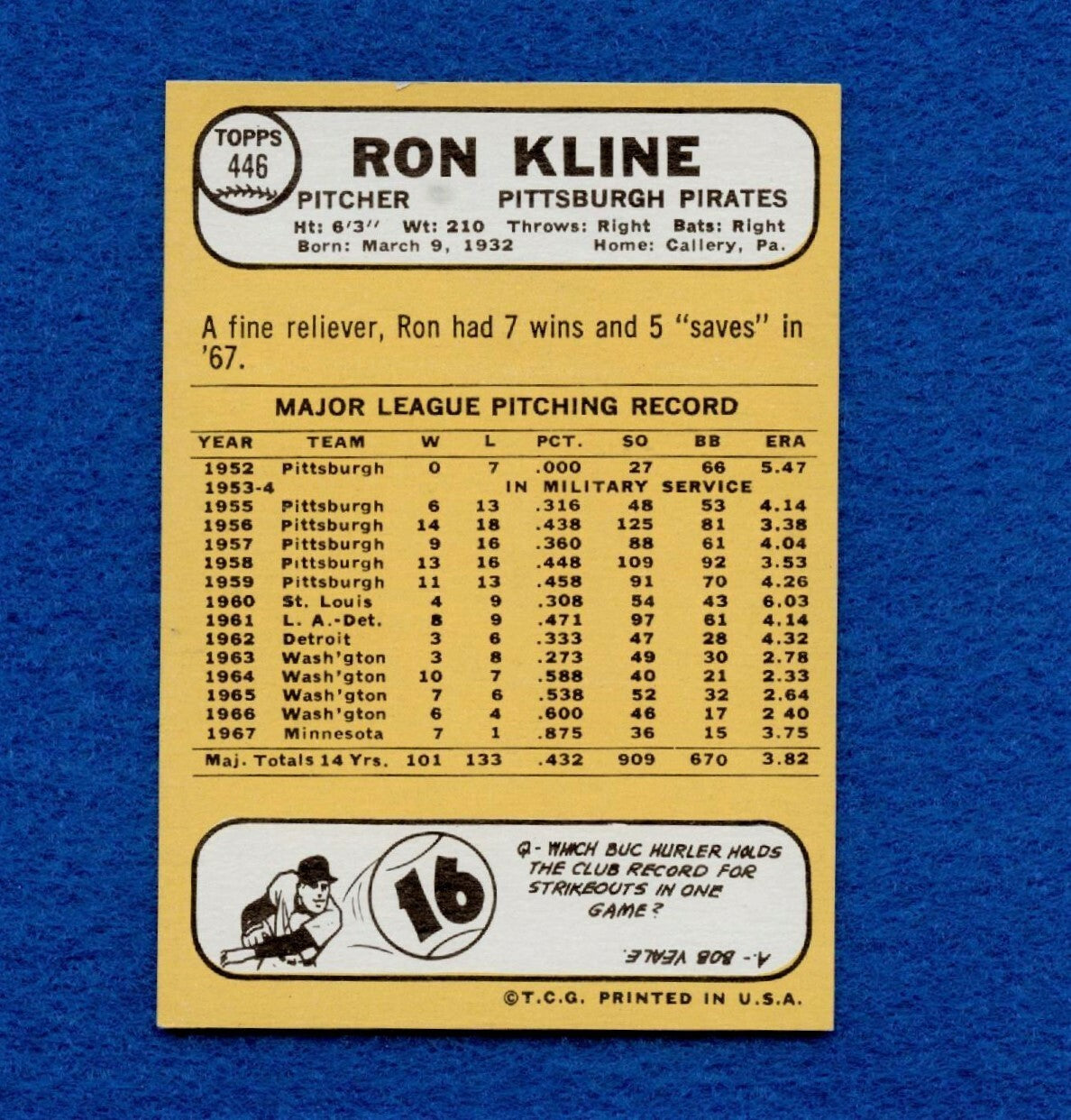 1968 Topps Set Break Pack Fresh #446 Ron Kline EX MT #323