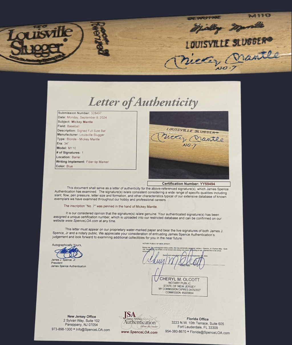 Mickey Mantle Signed Louisville Slugger Bat NY Yankees JSA Letter, Insc. No. 7