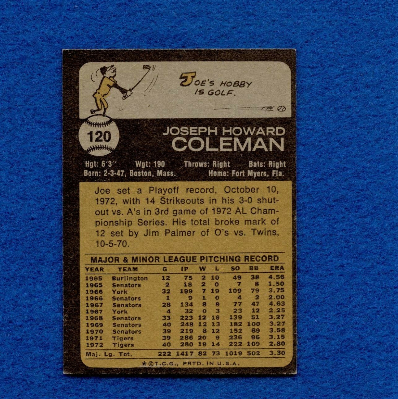 1973 Topps Set Break Pack Fresh #120 Joe Coleman NR MT *1320