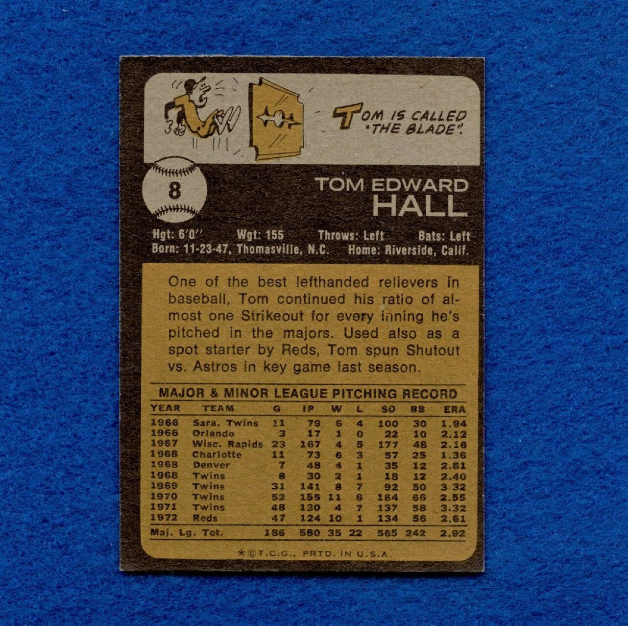 1973 Topps Set Break Pack Fresh #8 Tom Hall NR MT *1343