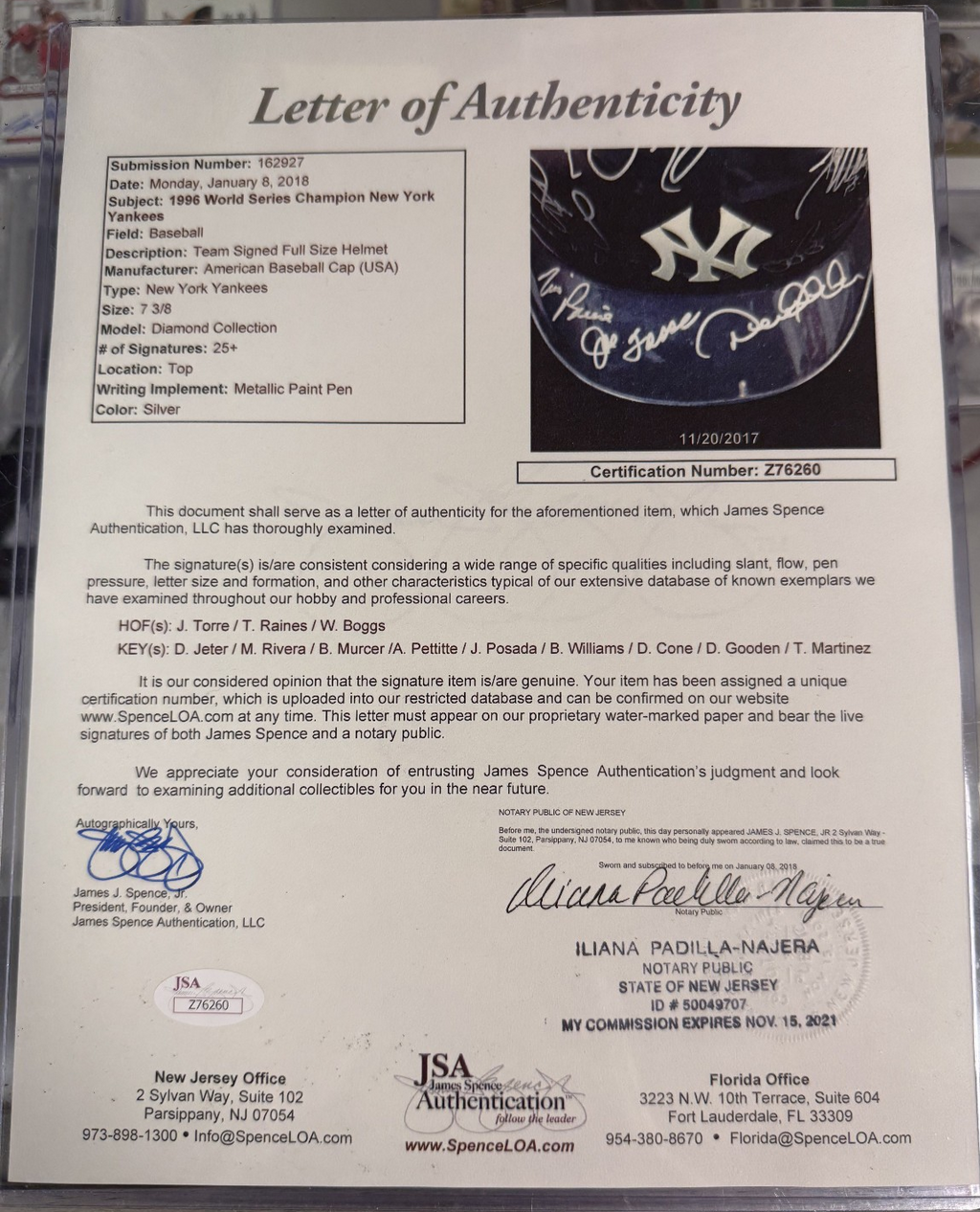 1996 WS Champs NY Yankees Signed Helmet Jeter, Rivera, Martinez, Cone - JSA COA