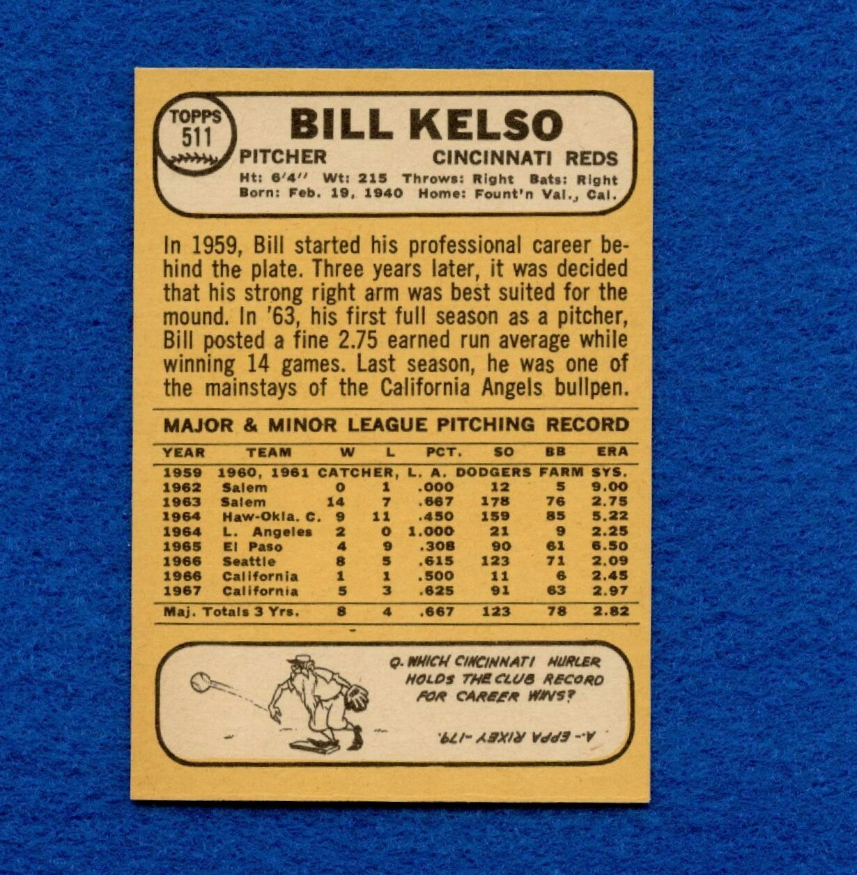 1968 Topps Set Break Pack Fresh #511 Bill Kelso EX MT #441