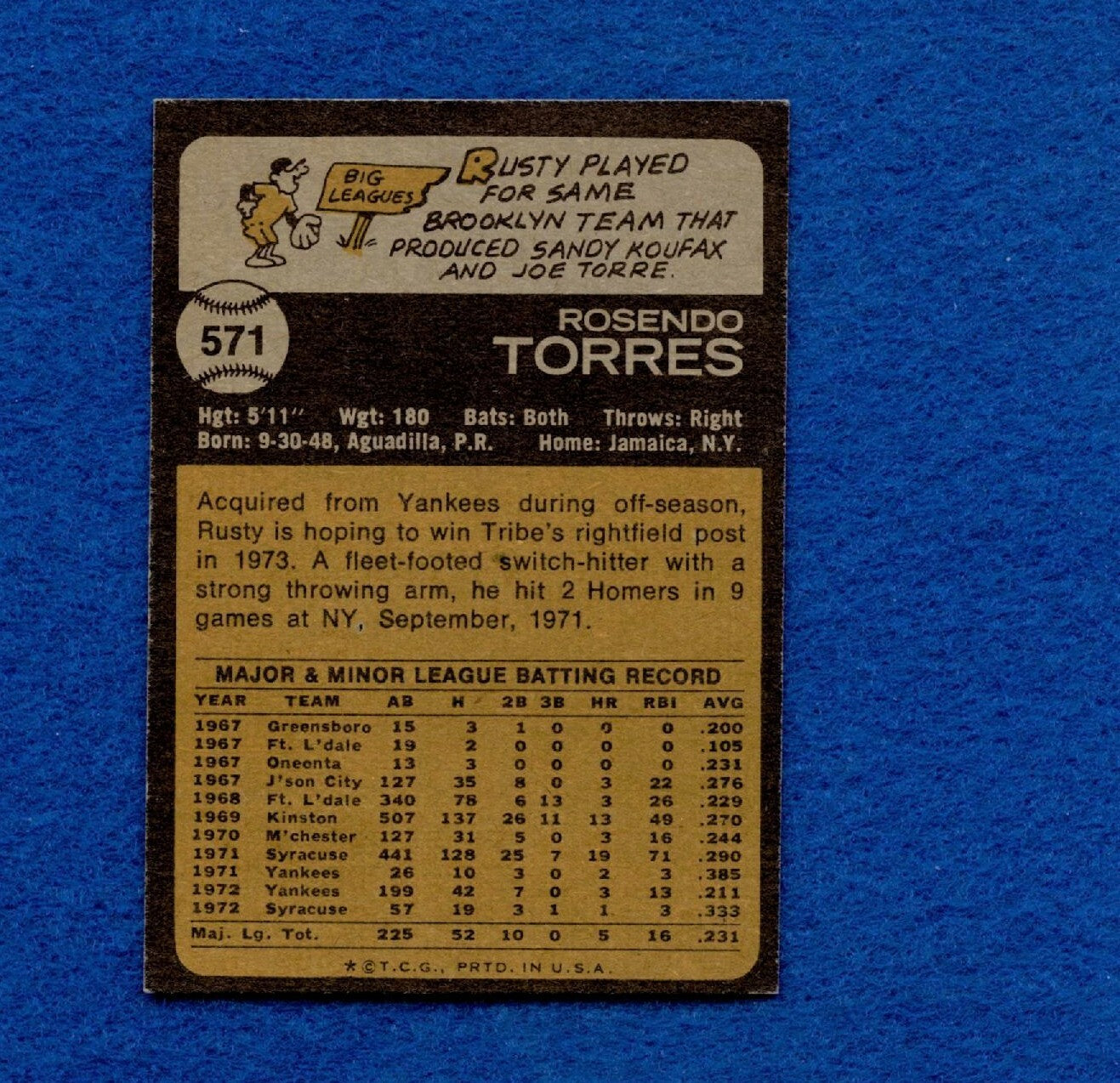 1973 Topps Set Break Pack Fresh #571 Rusty Torres NR MT *1263