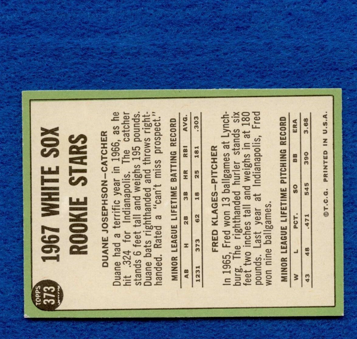 1967 Topps Set Break Pack Fresh #373 White Sox Rookie Josephson Klages NRMT #118