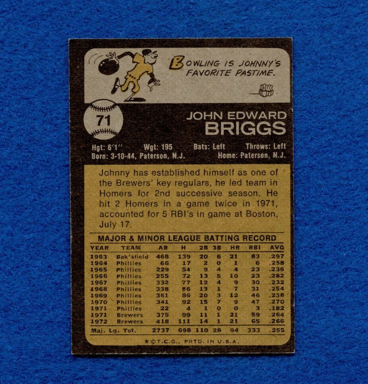 1973 Topps Set Break Pack Fresh #71 Johnny Briggs NR MT *1334