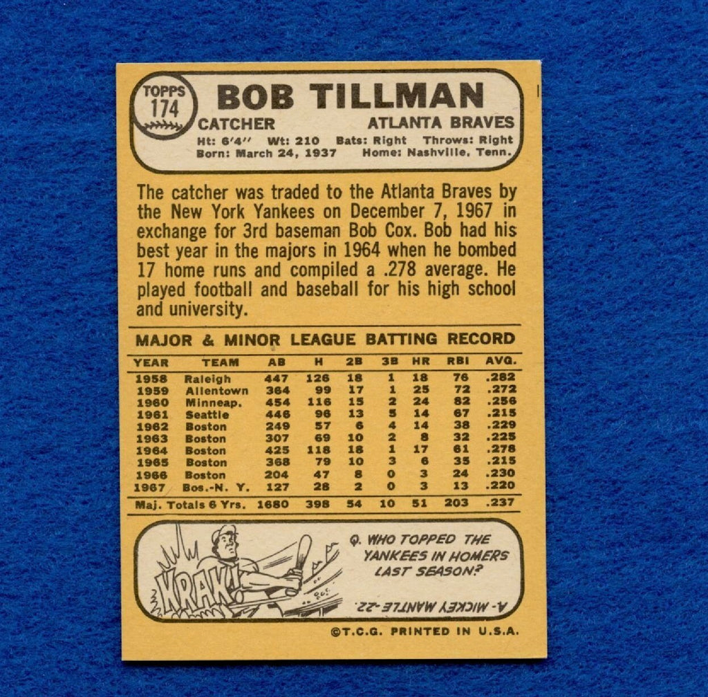 1968 Topps Set Break Pack Fresh #174 Bob Tillman EX MT #371