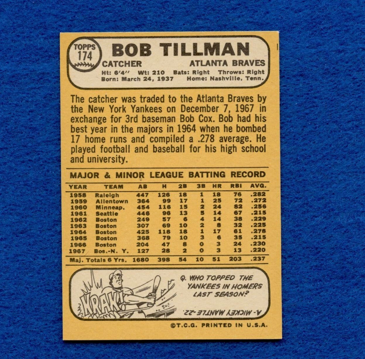 1968 Topps Set Break Pack Fresh #174 Bob Tillman EX MT #371