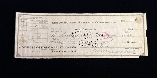 1928 Thomas Edison Signed Check - Full JSA Letter of Authentication (#821)