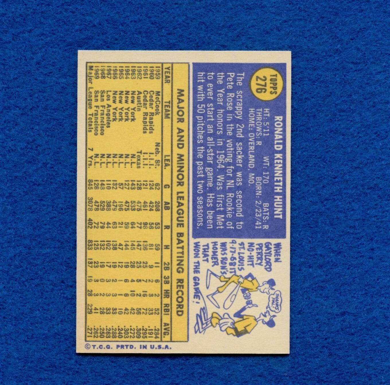 1970 Topps Set Break Pack Fresh #276 Ron Hunt NR MT *907