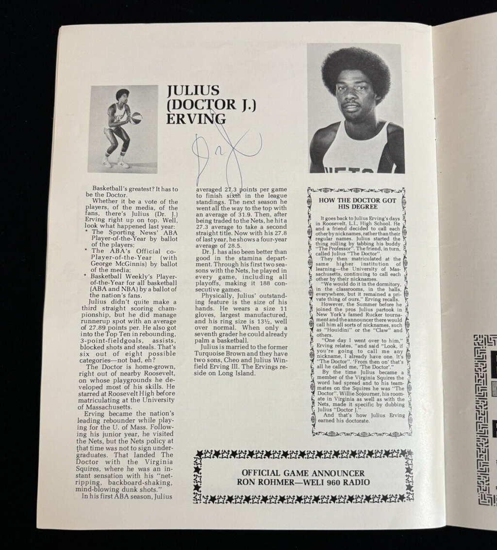 Julius Erving Rare Auto/Williamson/Loughery Autographed Signed '75 Game Program