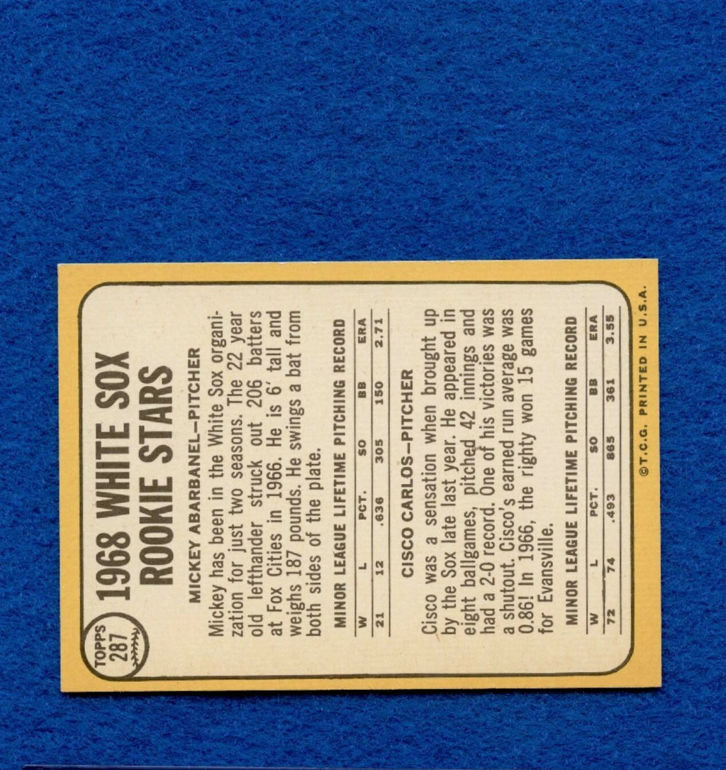 1968 Topps Set Break Pack Fresh #287 White Sox Rookie Abarbanel/Carlos NRMT *530