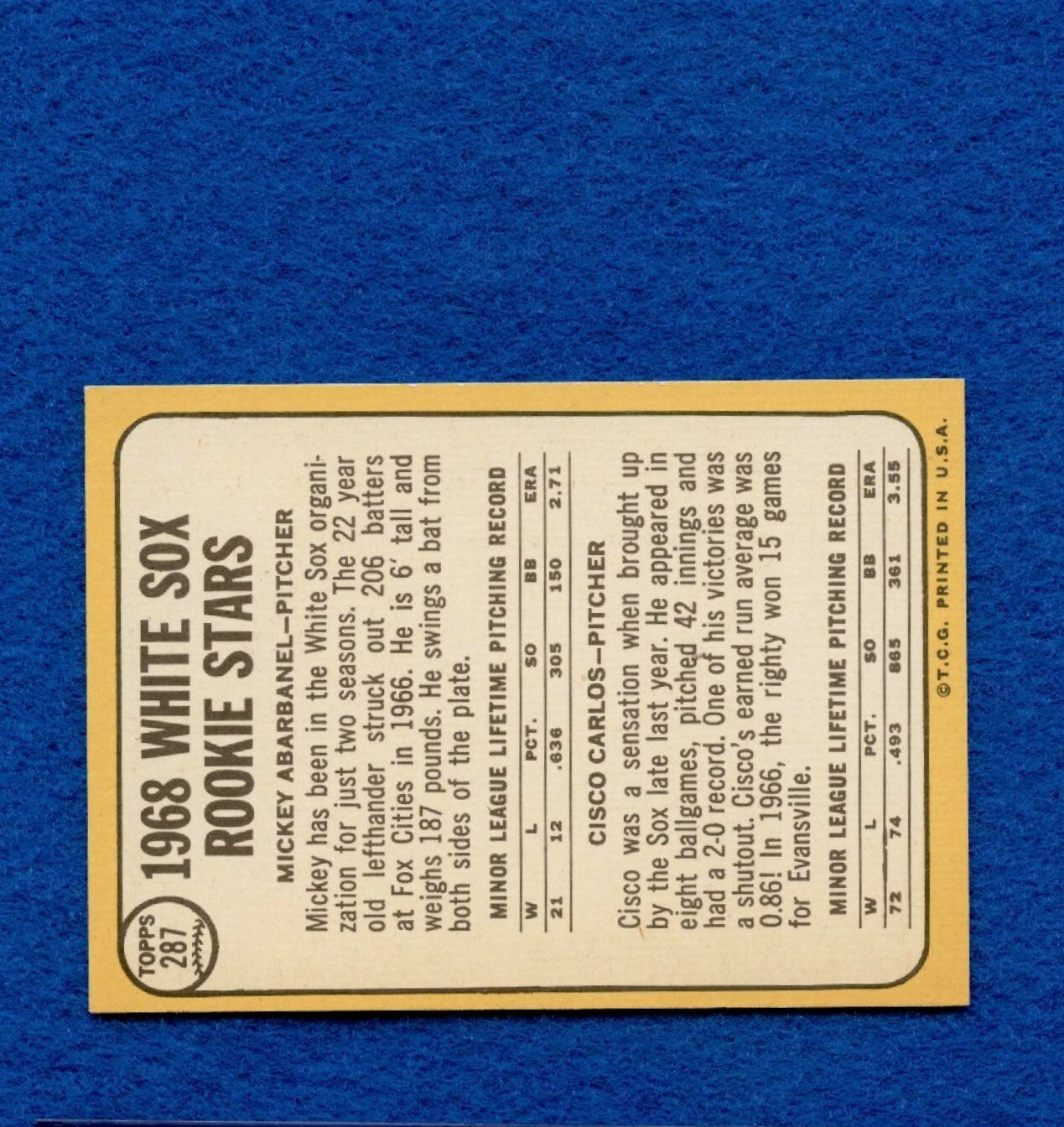 1968 Topps Set Break Pack Fresh #287 White Sox Rookie Abarbanel/Carlos NRMT *530