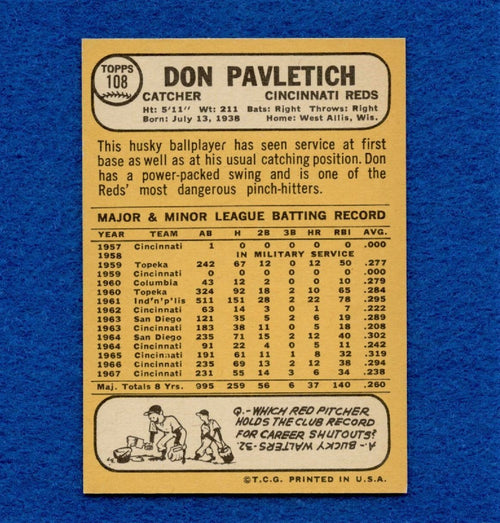1968 Topps Set Break Pack Fresh #108 Don Pavletich NR MT *515