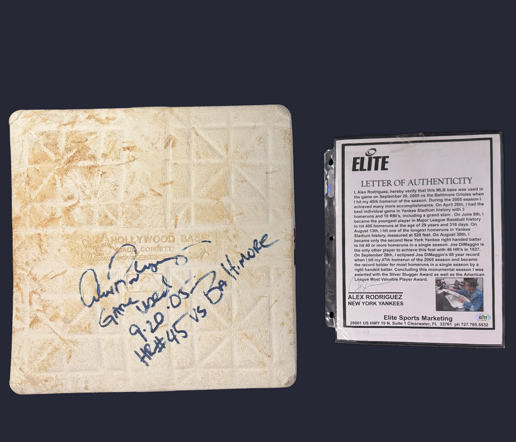 Alex Rodriguez Autographed Game Used Base - Steiner & MLB Hologram + Elite Auth.