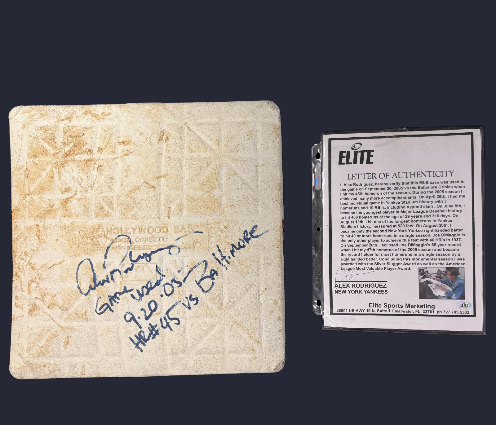 Alex Rodriguez Autographed Game Used Base - Steiner & MLB Hologram + Elite Auth.