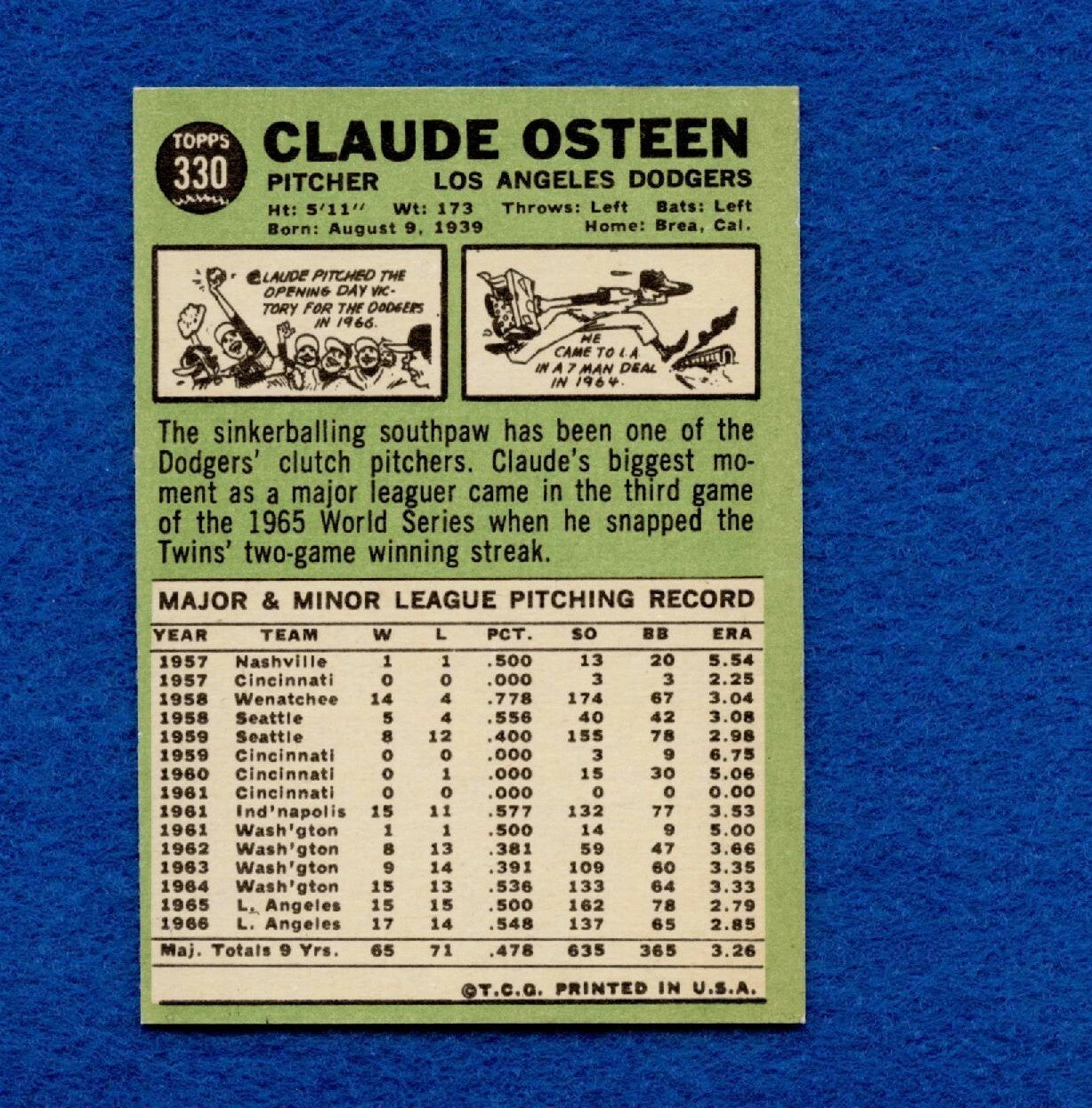 1967 Topps Set Break Pack Fresh #330 Claude Osteen EX+ #65