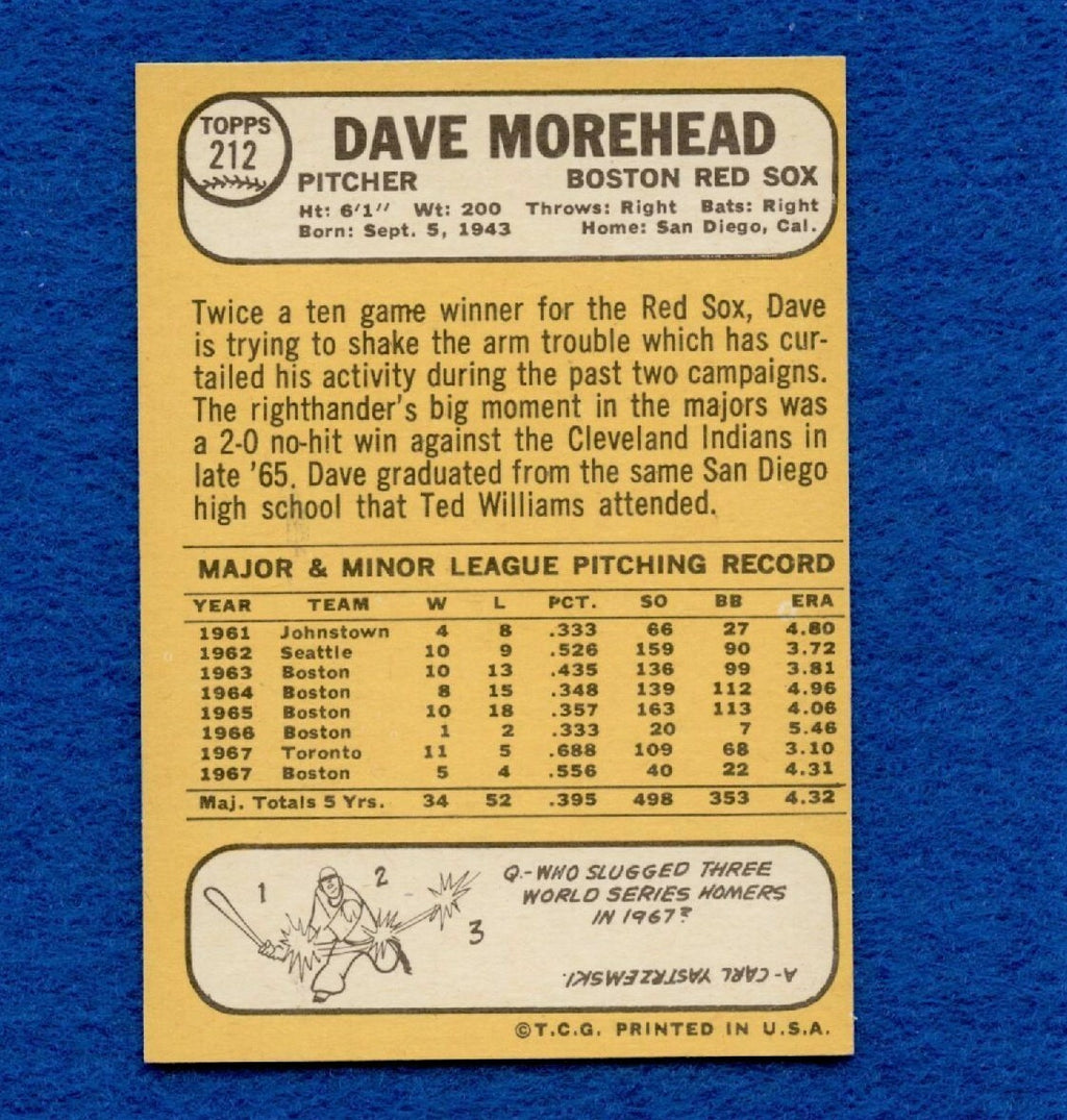 1968 Topps Set Break Pack Fresh #212 Dave Morehead EX MT #388