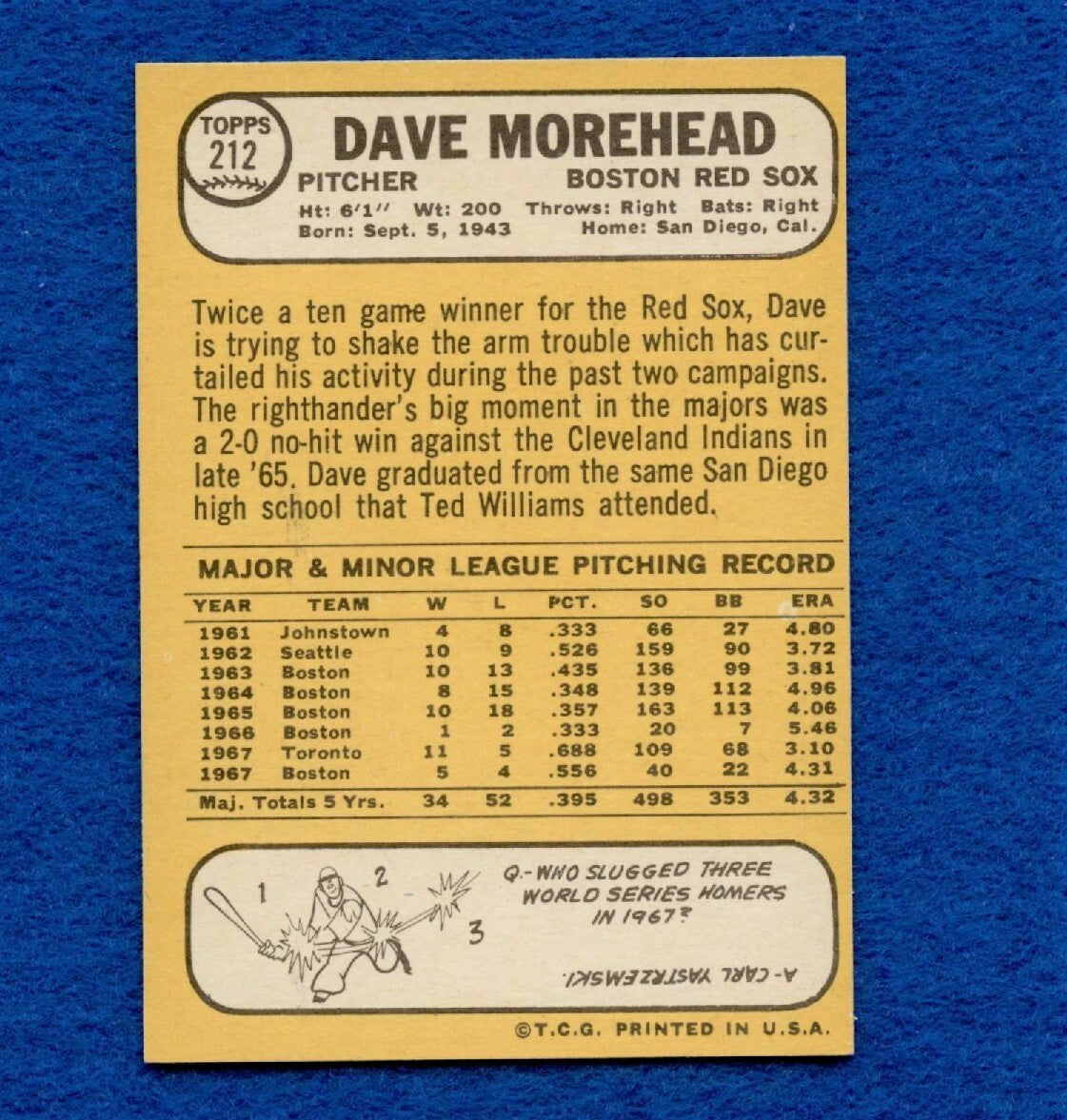 1968 Topps Set Break Pack Fresh #212 Dave Morehead EX MT #388