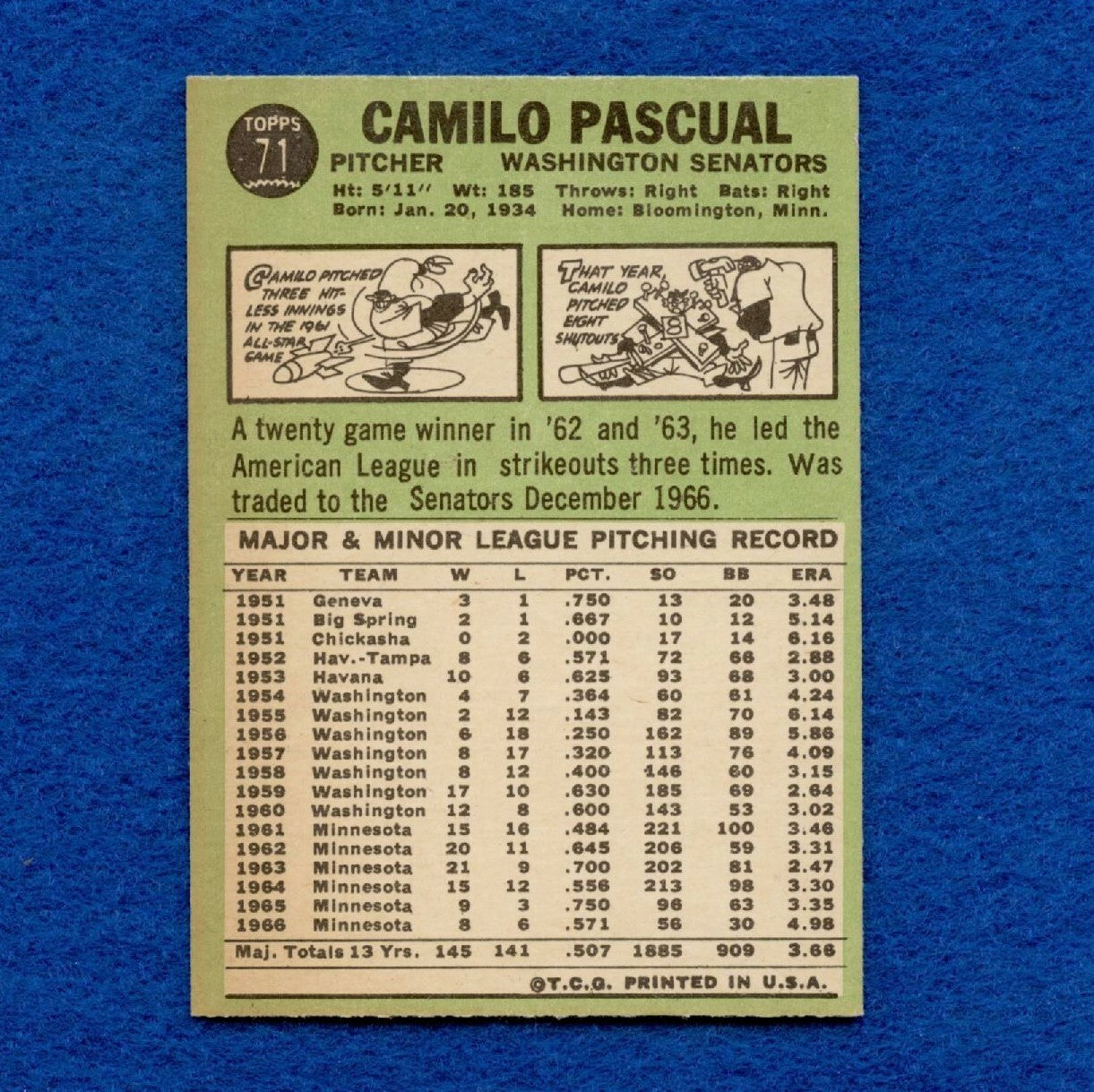 1967 Topps Set Break Pack Fresh #71 Camilo Pascual NR MT #223