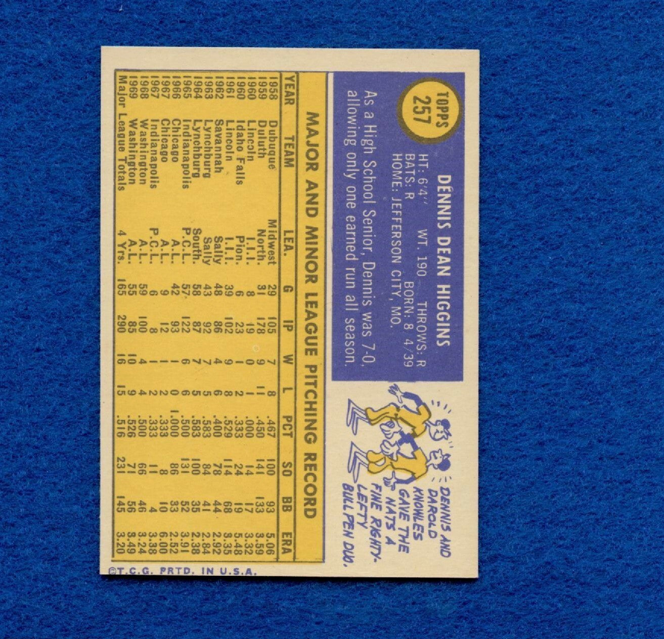 1970 Topps Set Break Pack Fresh #257 Dennis Higgins NR MT *917