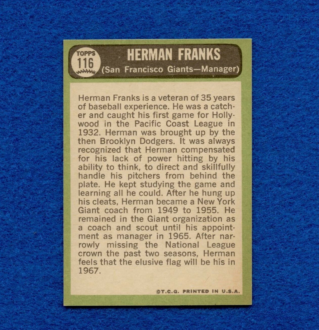 1967 Topps Set Break Pack Fresh #116 Herman Franks NR MT #156