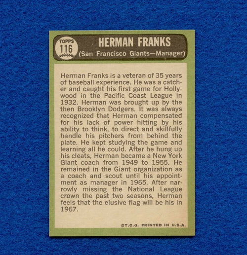 1967 Topps Set Break Pack Fresh #116 Herman Franks NR MT #156