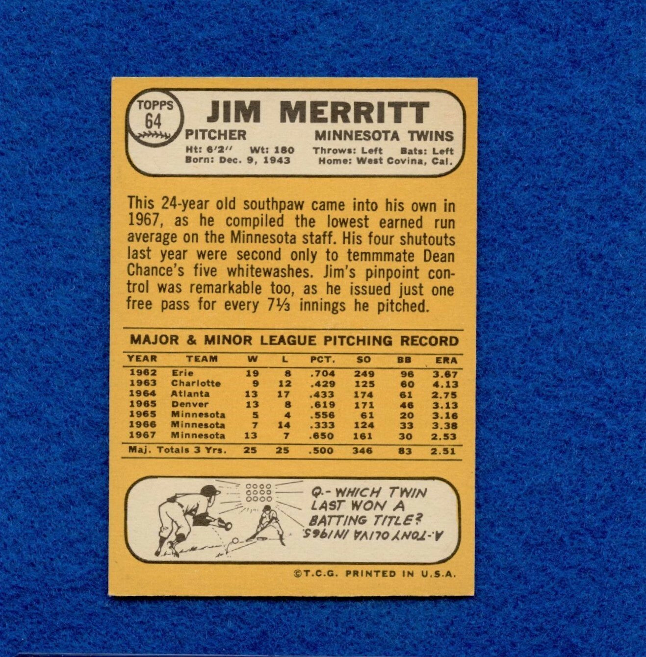 1968 Topps Set Break Pack Fresh #64 Jim Merritt NR MT #493