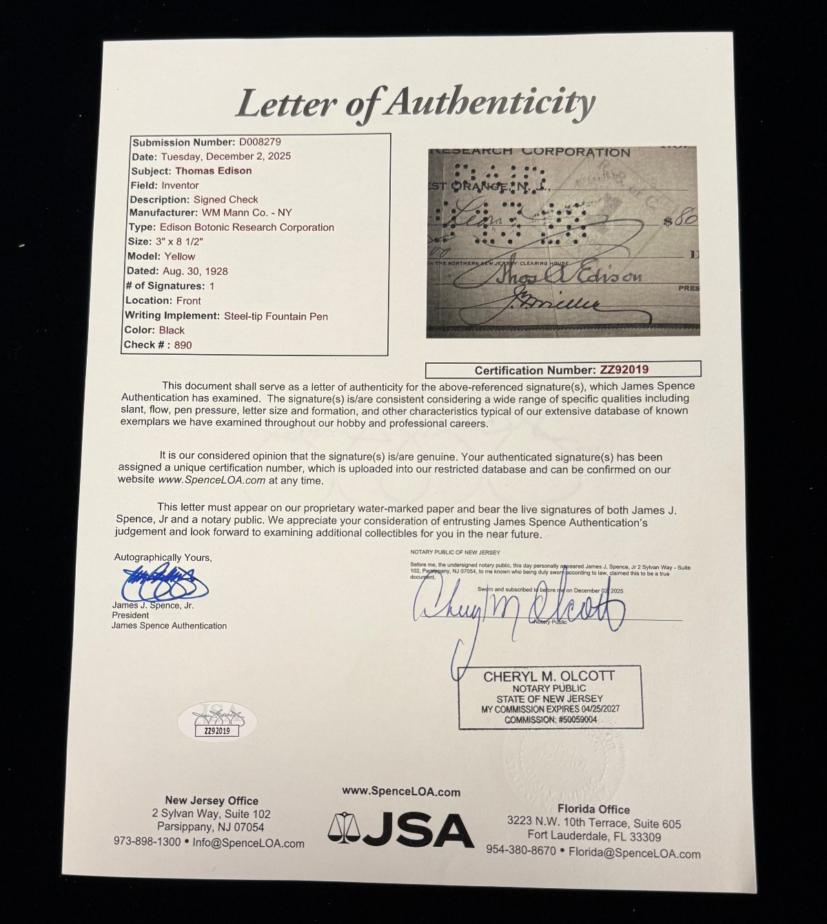 1928 Thomas Edison Signed Check - Full JSA Letter of Authentication (#890)